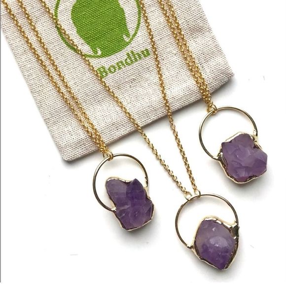 Frosted Matte Amethyst Stone Cluster Electroplated Pendent - 18 Karat Gold Chain - Picture 4 of 5